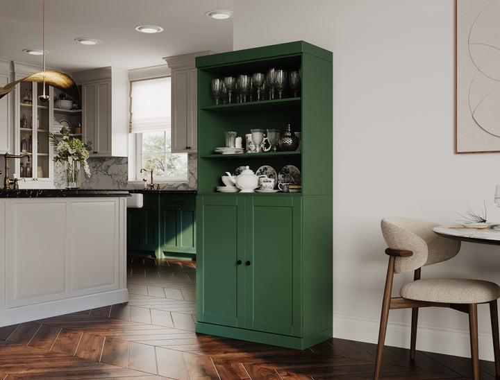 100% Solid Wood 32" Pantry Cabinet, 2 Shaker Wood Bottom Doors, 2 Drawers