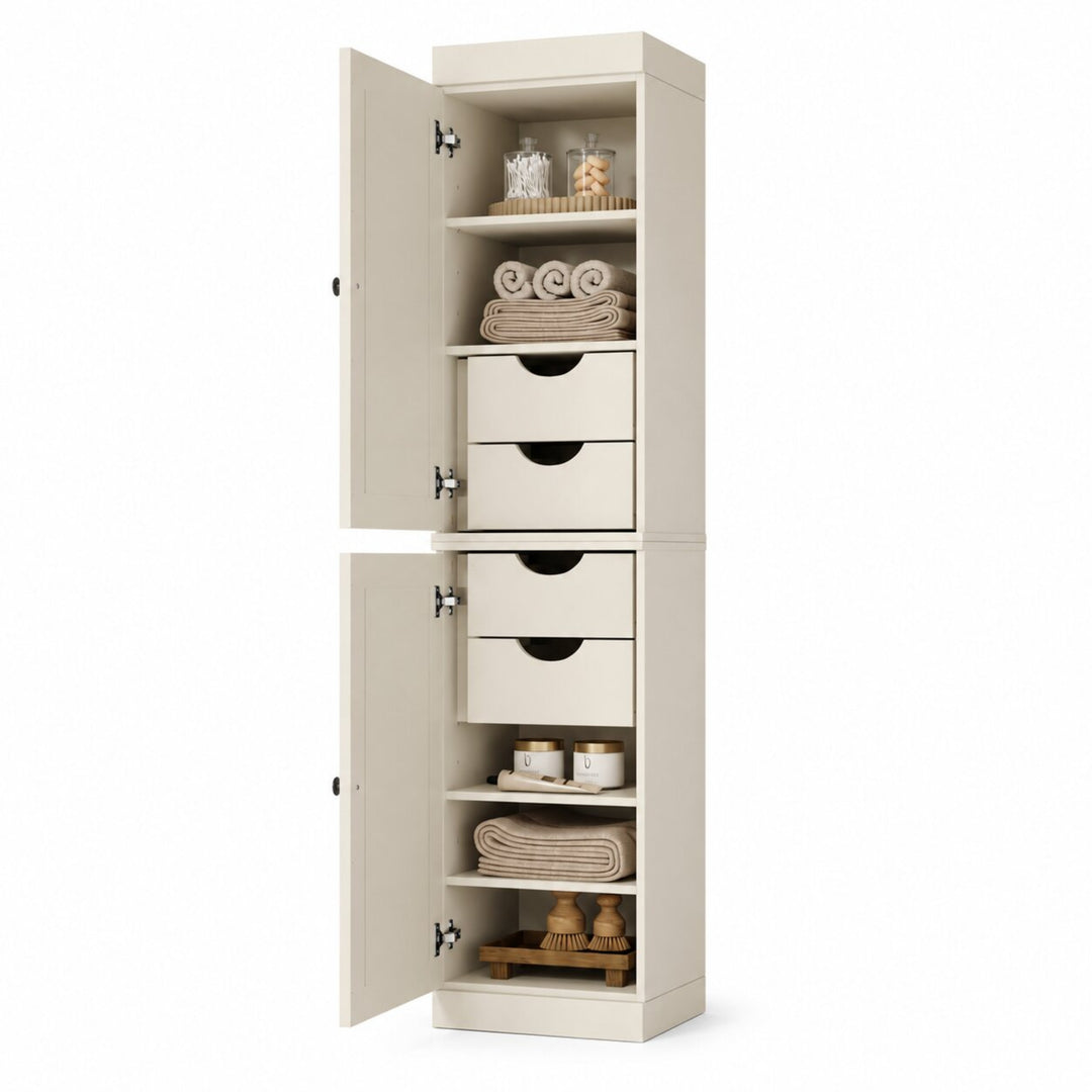 100% Solid Wood Bathroom Storage Cabinet, Shaker Doors, 4 Drawers, Adjustable Shelves, 16.5" Wide, 71.5" Tall