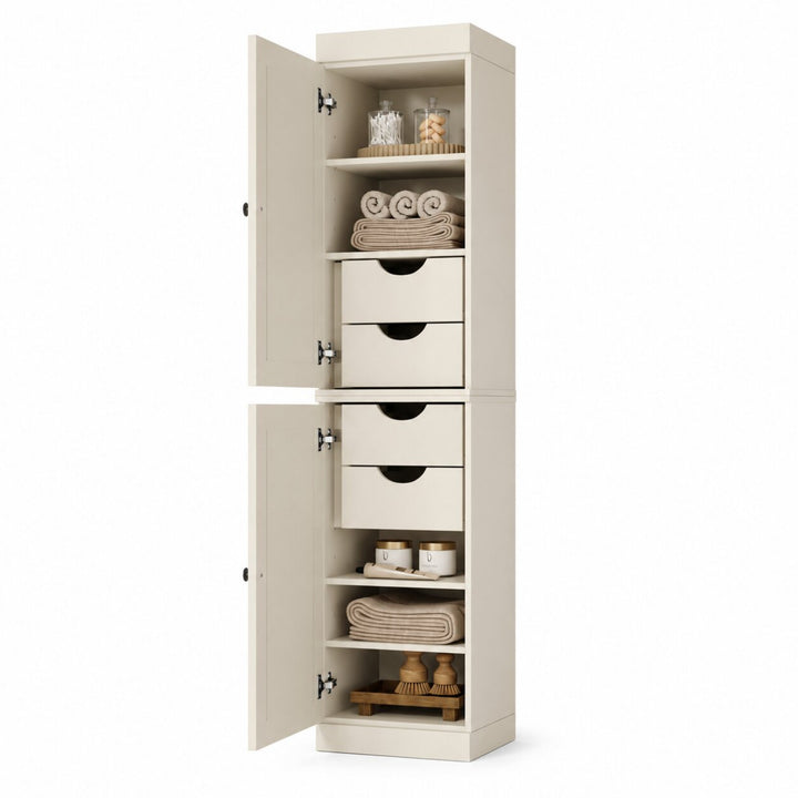 100% Solid Wood Bathroom Storage Cabinet, Shaker Doors, 4 Drawers, Adjustable Shelves, 16.5" Wide, 71.5" Tall