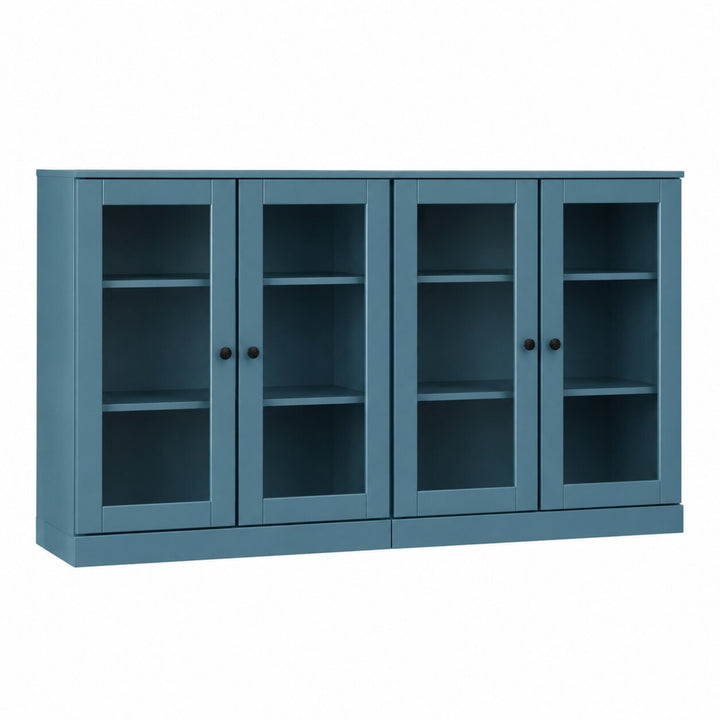 100% Solid Wood TV Stand, 64" Wide TV Console with Glass Doors & Storage