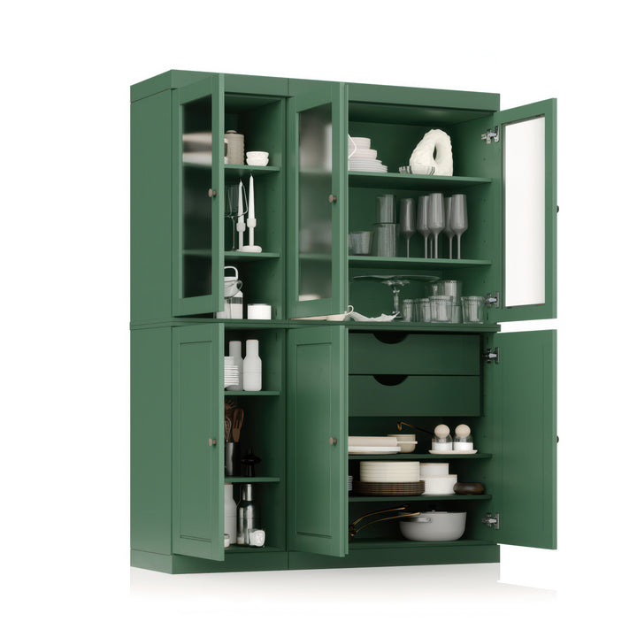 100% Solid Wood Kitchen Pantry Cabinet, Tall Freestanding Modular Storage with Frosted Glass & Raised Panel Doors & 2 Drawers, Adjustable Shelves, 48.5" W x 71.5" H