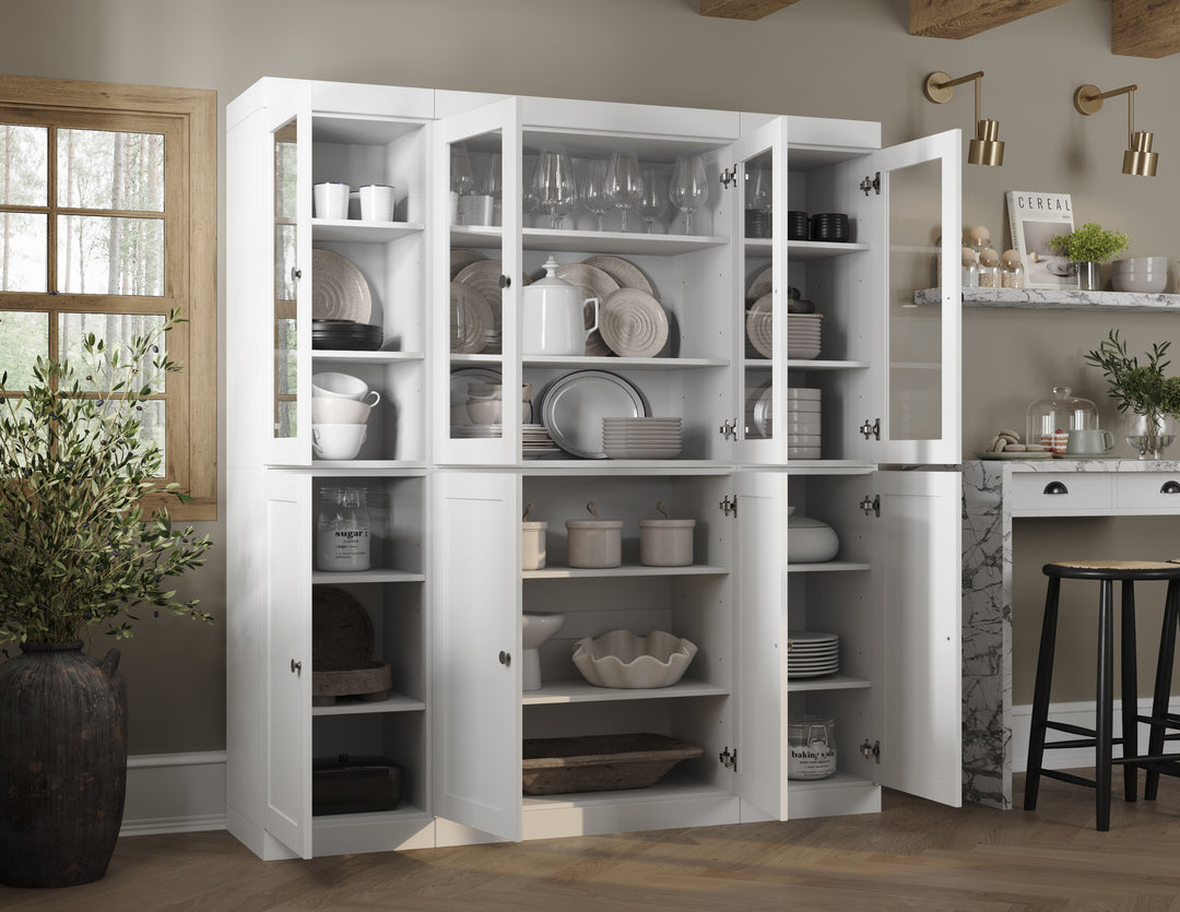 100% Solid Wood 65" China Pantry Cabinet, 4 Clear Glass, 4 Shaker Wood Doors