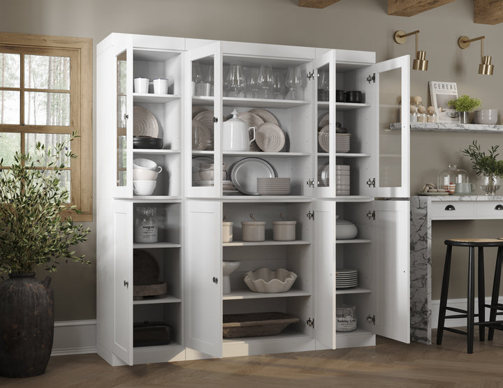 100% Solid Wood 65" China Pantry Cabinet, 4 Clear Glass, 4 Shaker Wood Doors