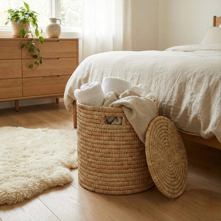 100% Handwoven Natural Rattan 15" Round Basket with Lid & Handles, Boho Farmhouse Decorative Laundry & Storage Organizer, Handcrafted – Authentic African Craftsmanship, Baskets - Palace Imports