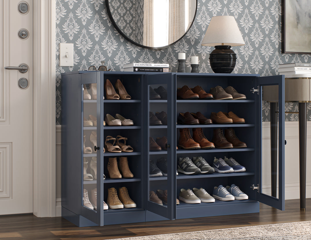 100% Solid Wood Glass Door Shoe Storage Cabinet, Adjustable Shelves, Space Saving Modular Entryway Organizer, 48.5" W x 35.75" H