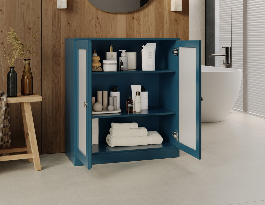 100% Solid Brazilian Pine Wood 32" Bathroom Storage Cabinet with Frosted Glass Doors & Adjustable Shelves