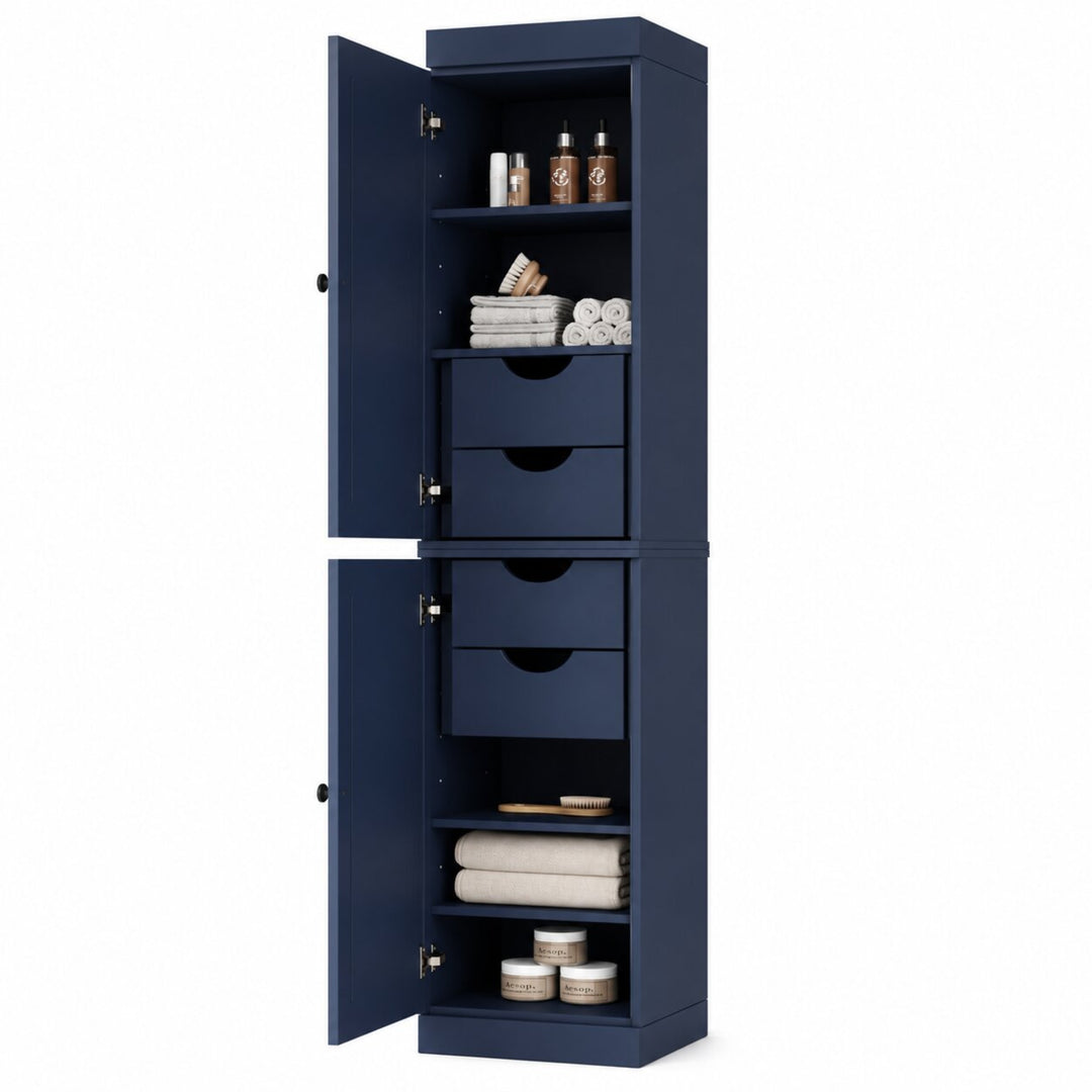 100% Solid Wood Bathroom Storage Cabinet, Raised Panel Doors, 4 Drawers, Adjustable Shelves, 16.5" Wide, 71.5" Tall