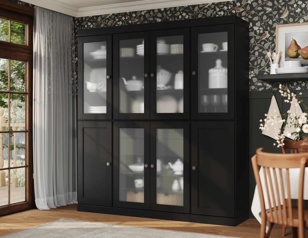 100% Solid Brazilian Pine Wood 65" Pantry Cabinet with Frosted Glass, Shaker Doors, 2-Drawers and Adjustable Shelves