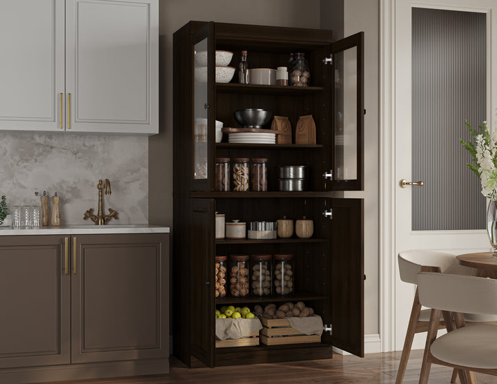 100% Solid Wood Kitchen Pantry China Cabinet, Tall Freestanding Modular Storage with Glass & Raised Panel Doors, Adjustable Shelves, 32" W x 71.5" H