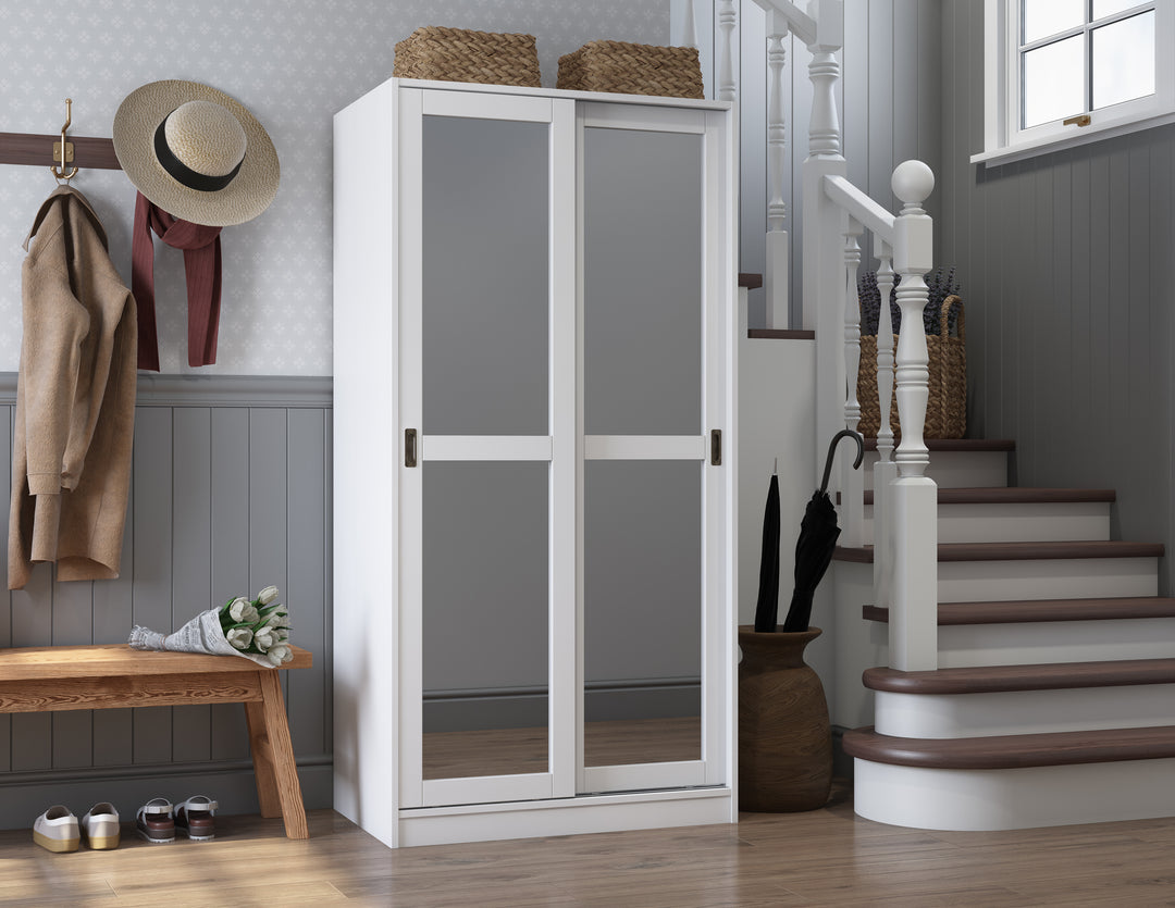 100% Solid Brazilian Pine Wood 2-Sliding Wardrobe with Mirrored Doors, 30-40" Wardrobes - Palace Imports