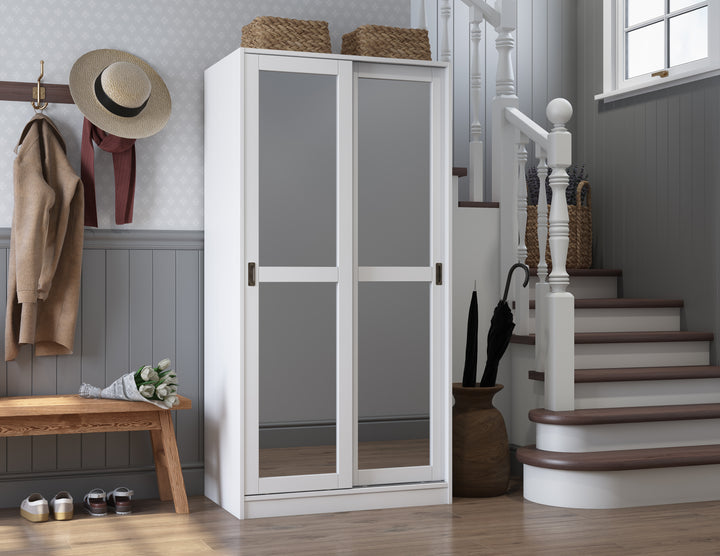 100% Solid Brazilian Pine Wood 2-Sliding Wardrobe with Mirrored Doors, 30-40" Wardrobes - Palace Imports
