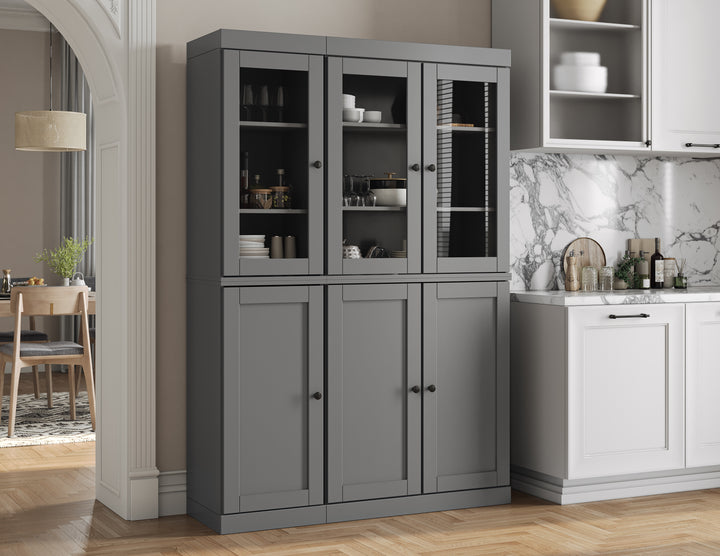 100% Solid Brazilian Pine Wood Pantry China Cabinet, Shaker & Clear Glass Doors, Adjustable Shelves, 48.5" Wide, 71.5" Tall