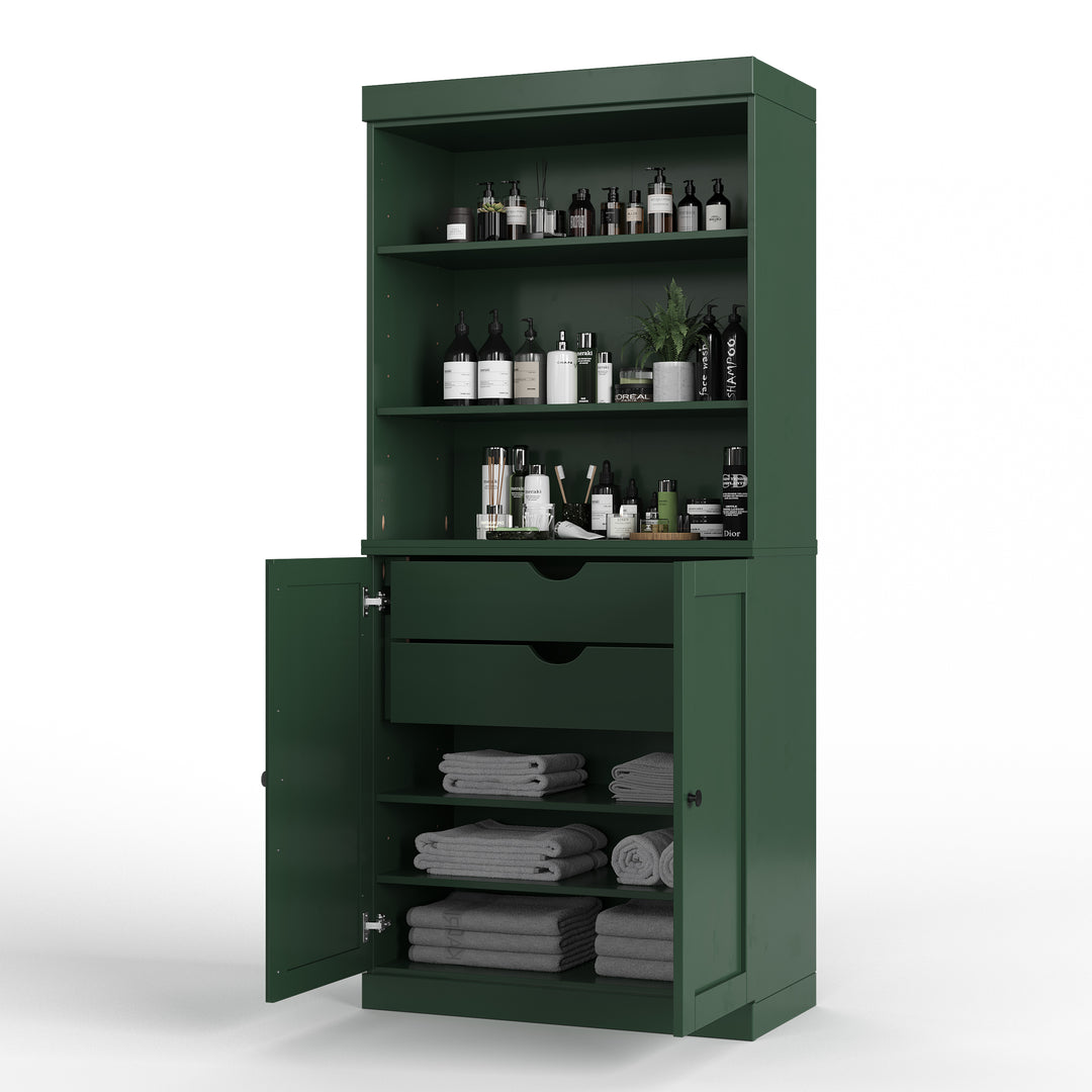 100% Solid Wood 32" Bathroom Cabinet with Shelves, Shaker Wood Doors, 2-Drawers