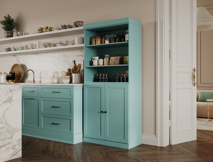 100% Solid Wood 32" Pantry Cabinet, 2 Shaker Wood Bottom Doors, 2 Drawers