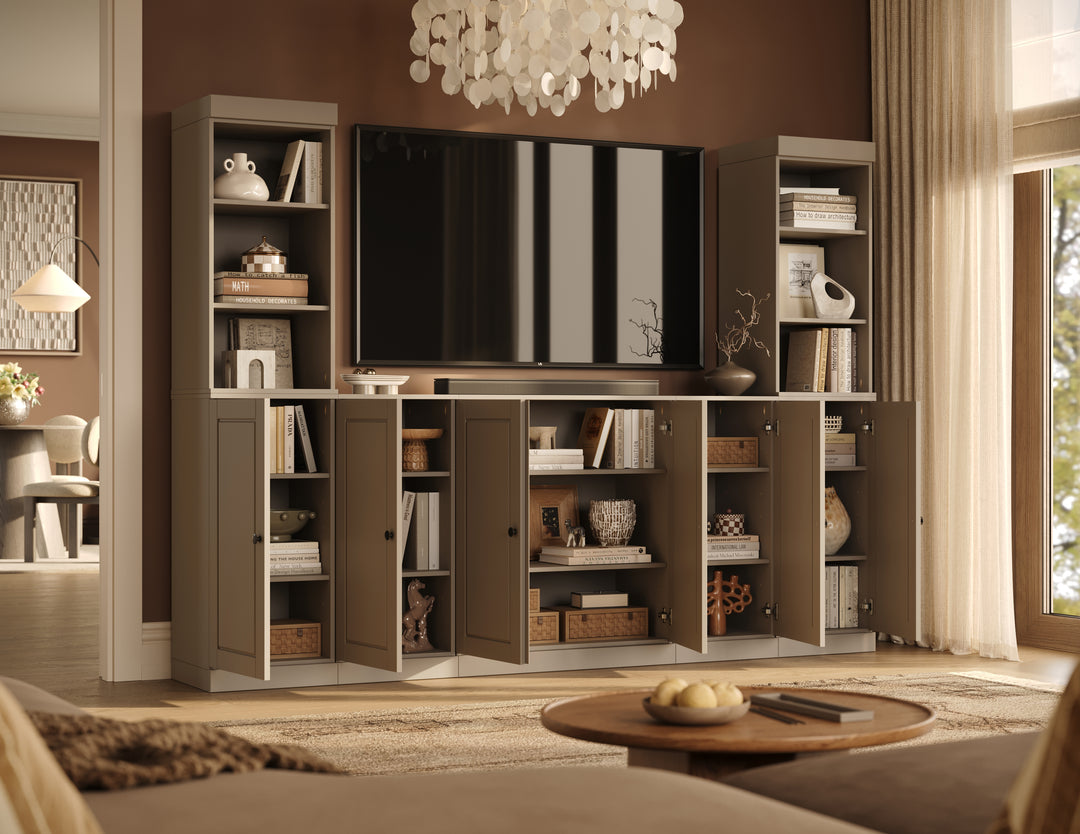 100% Solid Wood 7-Piece Entertainment Center Wall Unit with Storage, Open Cabinets & Raised Panel Doors, Adjustable Shelves, 98" W x 71.5" H