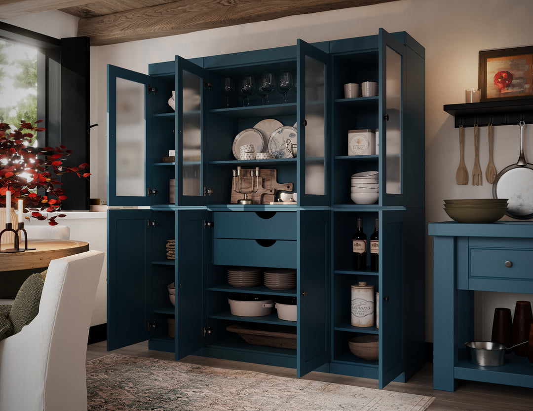 Teal Blue 65" Solid Wood Kitchen Pantry Cabinet with Frosted Glass & Shaker Doors & 2 Drawers