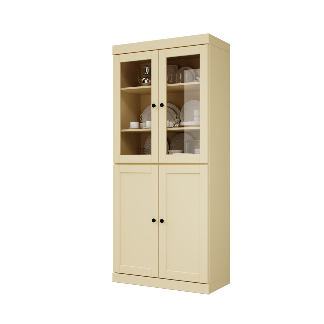 100% Solid Wood 32" Pantry Cabinet, 2 Clear Glass, 2 Shaker Doors, 2-Drawers