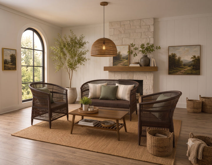 100% Handwoven Natural Rattan 3-Piece Indoor Seating Set with 2 Chairs and Loveseat, Solid Wood Frame, Boho Farmhouse, Authentic African Craftsmanship