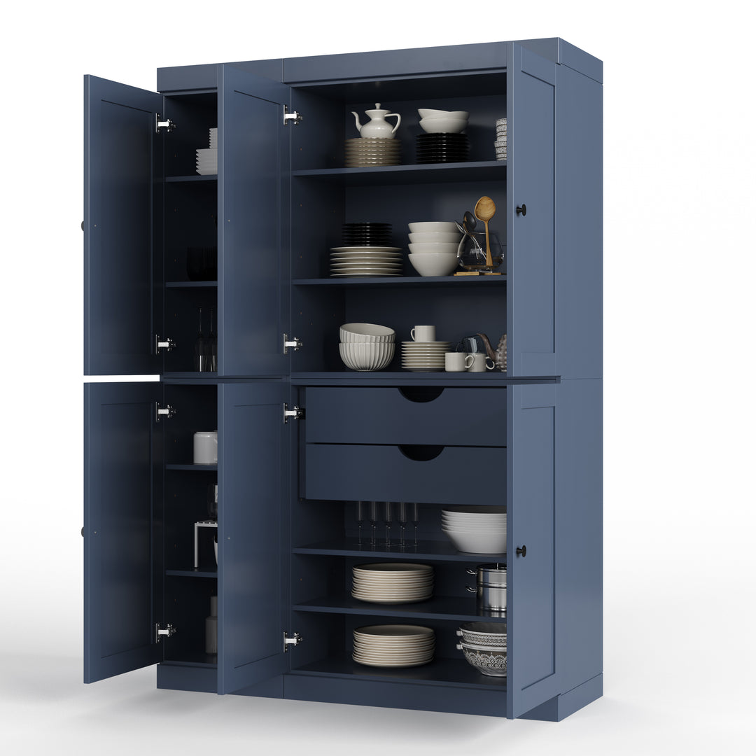100% Solid Wood 48.5" Pantry Cabinet, Shaker Wood Doors, 2-Drawers