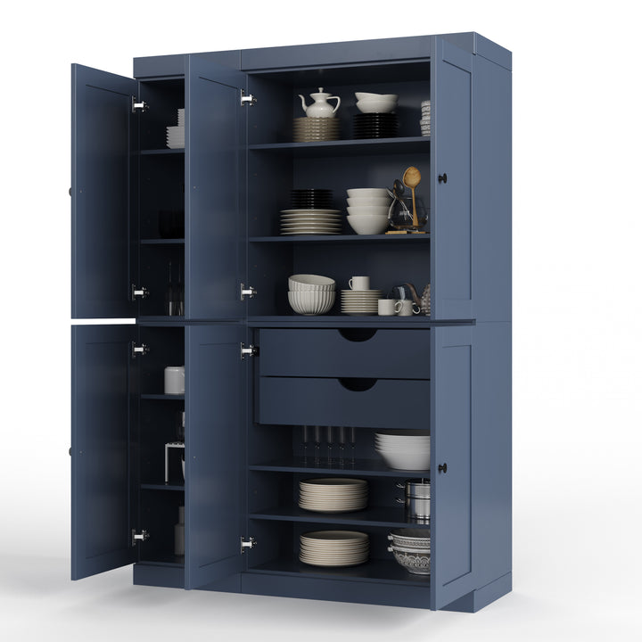 100% Solid Wood 48.5" Pantry Cabinet, Shaker Wood Doors, 2-Drawers