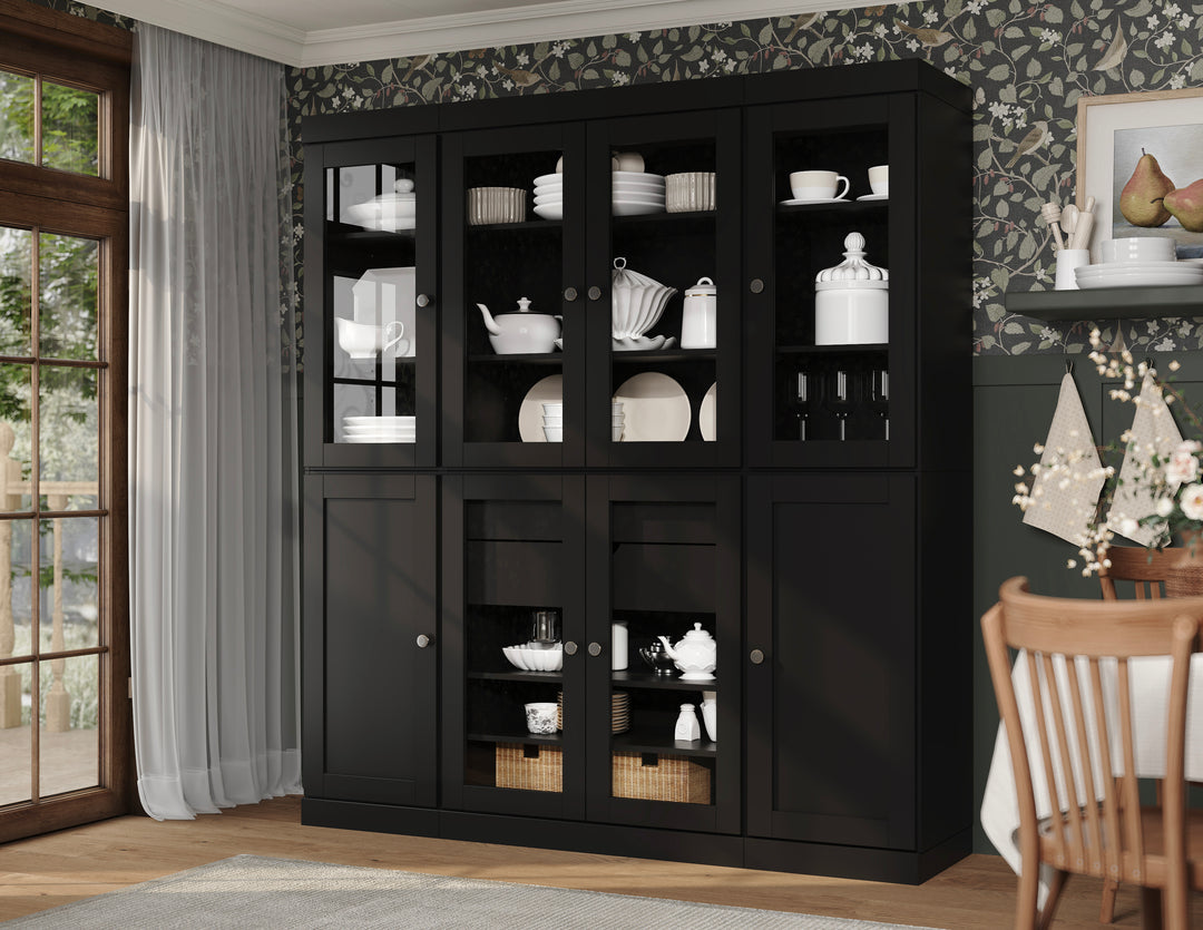 100% Solid Wood 65" China Pantry Cabinet, 6 Glass, 2 Shaker Wood Doors, 2 Drawers