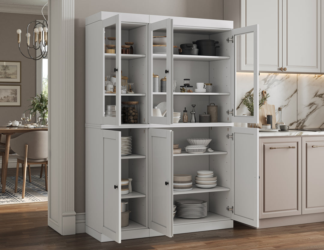 100% Solid Brazilian Pine Wood Pantry China Cabinet, Shaker & Clear Glass Doors, Adjustable Shelves, 48.5" Wide, 71.5" Tall