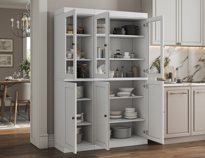 100% Solid Brazilian Pine Wood Pantry China Cabinet, Shaker & Clear Glass Doors, Adjustable Shelves, 48.5" Wide, 71.5" Tall