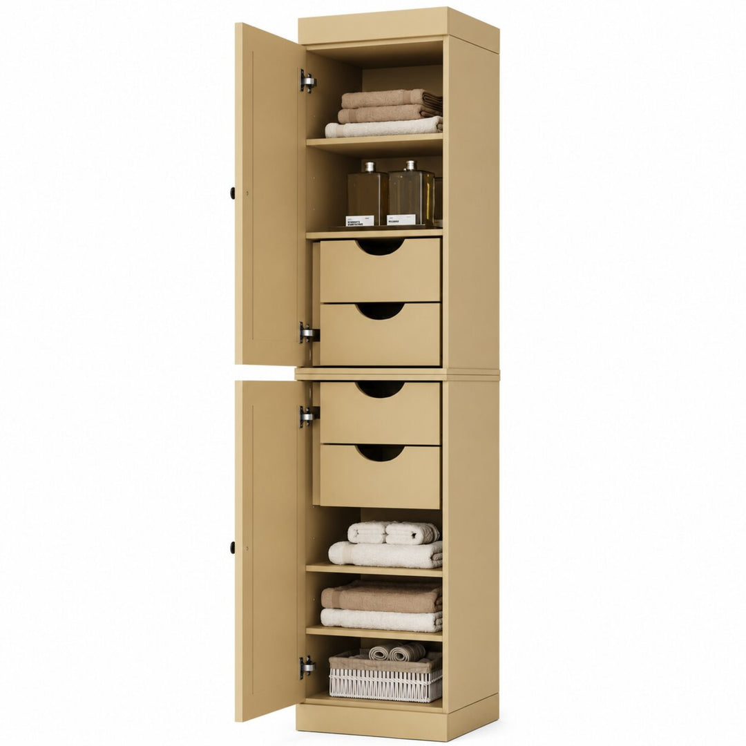 100% Solid Wood Bathroom Storage Cabinet, Raised Panel Doors, 4 Drawers, Adjustable Shelves, 16.5" Wide, 71.5" Tall