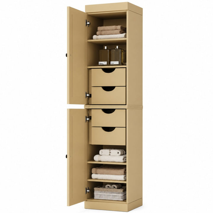 100% Solid Wood Bathroom Storage Cabinet, Raised Panel Doors, 4 Drawers, Adjustable Shelves, 16.5" Wide, 71.5" Tall