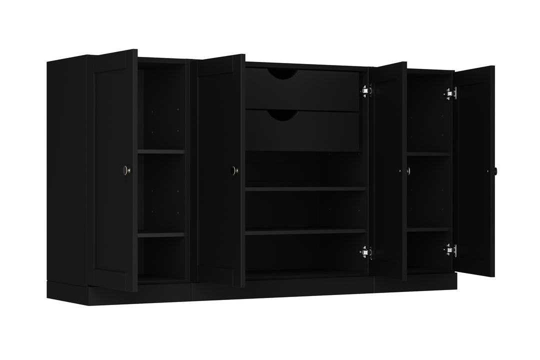 100% Solid Brazilian Pine Wood Sideboard, Shaker Doors, 2 Drawers, Adjustable Shelves, 65" Wide, 35.75" Tall