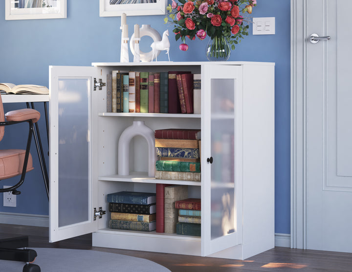 100% Solid Wood Freestanding 3-Shelf Bookcase Cabinet with Frosted Glass Doors & Adjustable Shelves, Display Storage Bookshelf, 32" W x 35.75" H