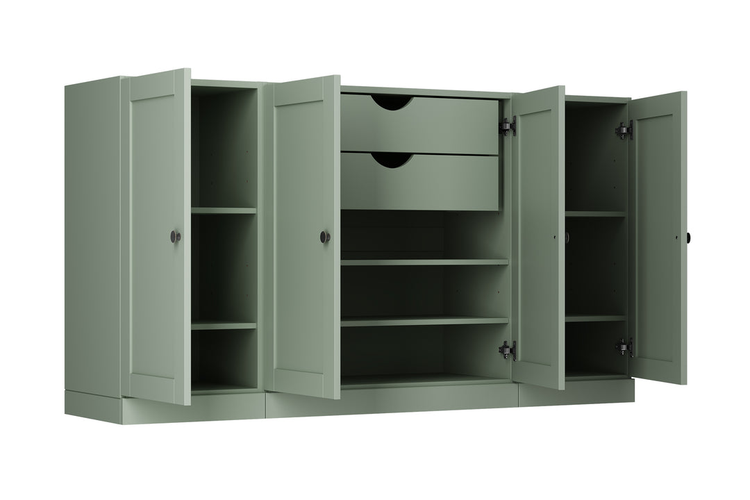 100% Solid Brazilian Pine Wood Sideboard, Shaker Doors, 2 Drawers, Adjustable Shelves, 65" Wide, 35.75" Tall