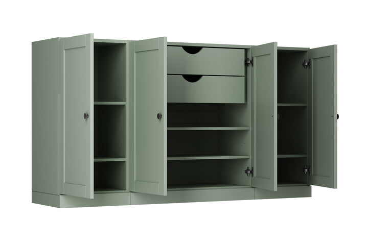 100% Solid Brazilian Pine Wood Sideboard, Shaker Doors, 2 Drawers, Adjustable Shelves, 65" Wide, 35.75" Tall