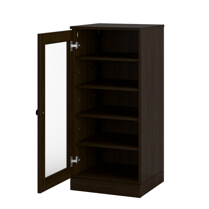 100% Solid Wood Narrow Glass Door Shoe Storage Cabinet with Adjustable Shelves, Space Saving Stackable Organizer, 16.5" W x 35.75" H