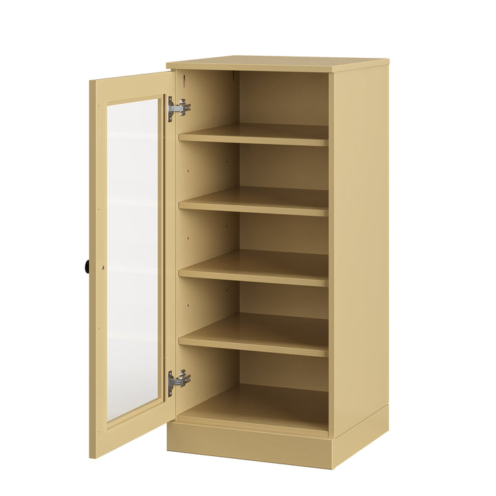 100% Solid Wood Narrow Glass Door Shoe Storage Cabinet with Adjustable Shelves, Space Saving Stackable Organizer, 16.5" W x 35.75" H