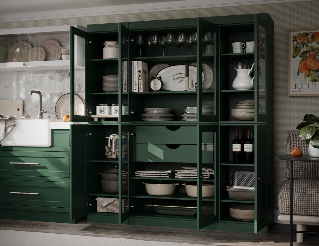 100% Solid Wood 65" China Pantry Cabinet, 6 Glass, 2 Shaker Wood Doors, 2 Drawers