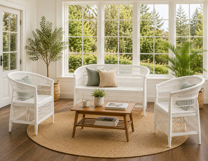 100% Handwoven Natural Rattan 3-Piece Indoor Seating Set with 2 Chairs and Loveseat, Solid Wood Frame, Boho Farmhouse, Authentic African Craftsmanship