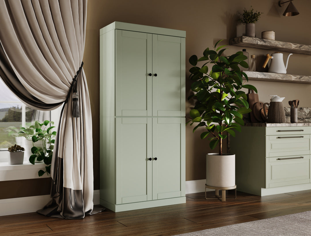 100% Solid Wood 32" Pantry Cabinet, Shaker Wood Doors, 2-Drawers