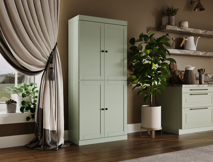 100% Solid Wood 32" Pantry Cabinet, Shaker Wood Doors, 2-Drawers