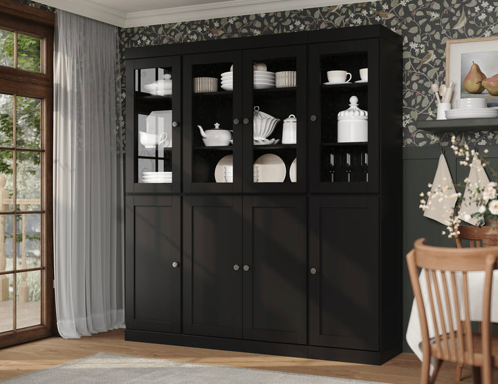 100% Solid Wood 65" China Pantry Cabinet, 4 Glass, 4 Shaker Wood Doors, 2-Drawers