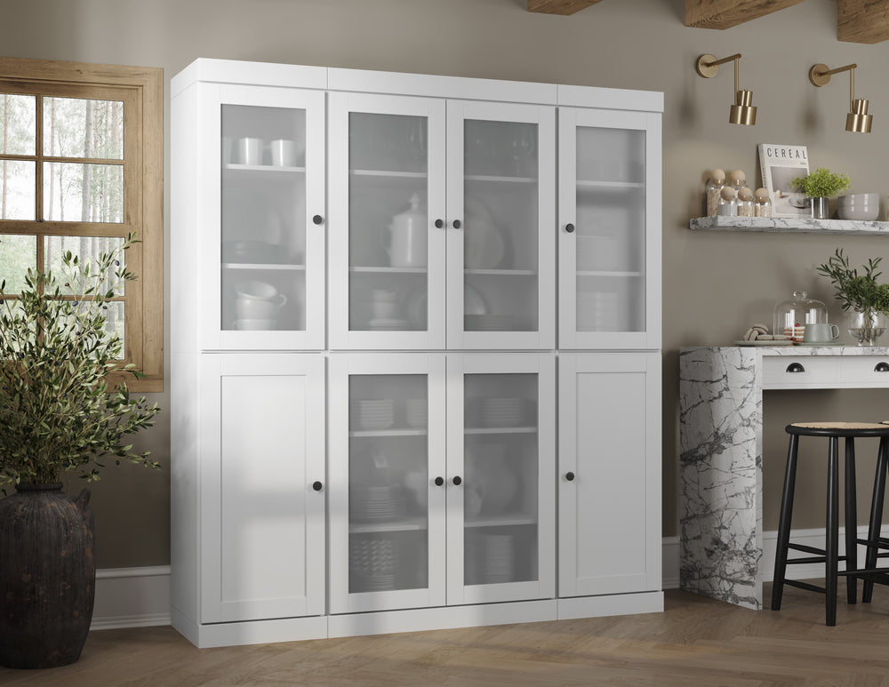 White 65" Solid Wood Kitchen Pantry Cabinet with Frosted Glass & Shaker Doors & 2 Drawers