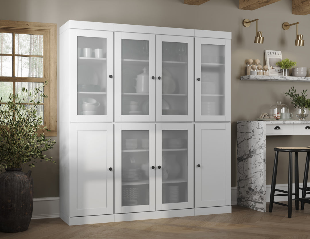 White 65" Solid Wood Kitchen Pantry Cabinet with Frosted Glass & Shaker Doors & 2 Drawers