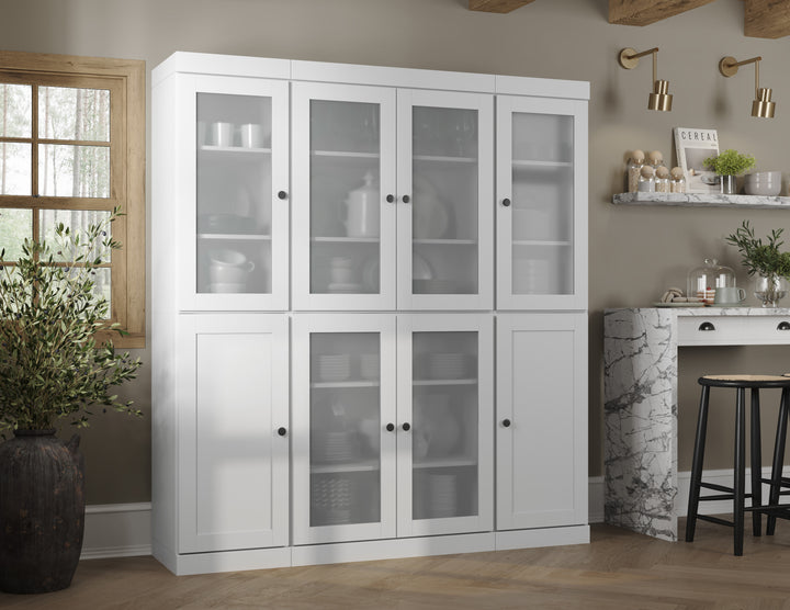 White 65" Solid Wood Kitchen Pantry Cabinet with Frosted Glass & Shaker Doors & 2 Drawers