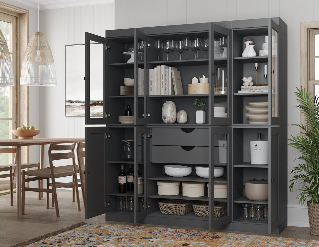 100% Solid Wood 65" China Pantry Cabinet, 6 Glass, 2 Shaker Wood Doors, 2 Drawers