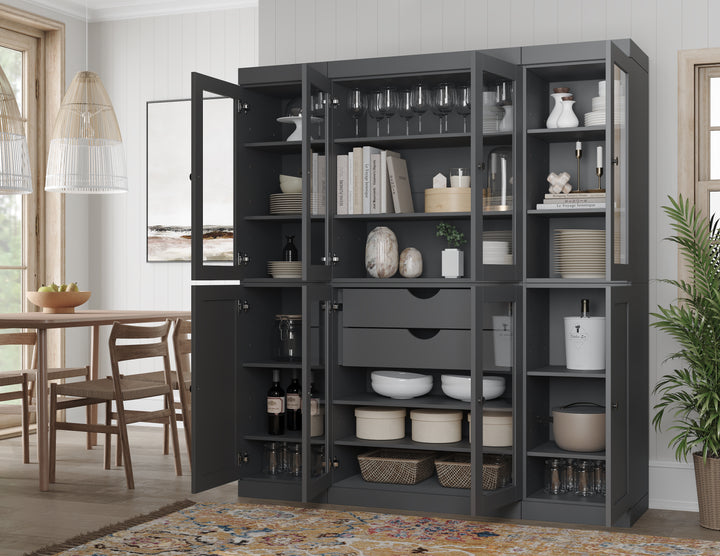 100% Solid Wood 65" China Pantry Cabinet, 6 Glass, 2 Shaker Wood Doors, 2 Drawers