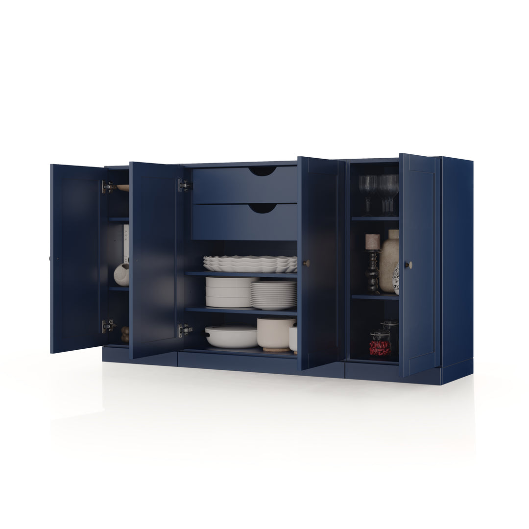 100% Solid Brazilian Pine Wood Sideboard, Shaker Doors, 2 Drawers, Adjustable Shelves, 65" Wide, 35.75" Tall