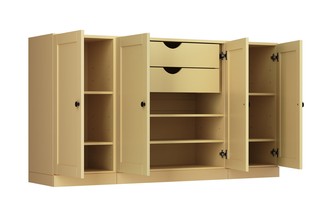 100% Solid Brazilian Pine Wood Sideboard, Shaker Doors, 2 Drawers, Adjustable Shelves, 65" Wide, 35.75" Tall