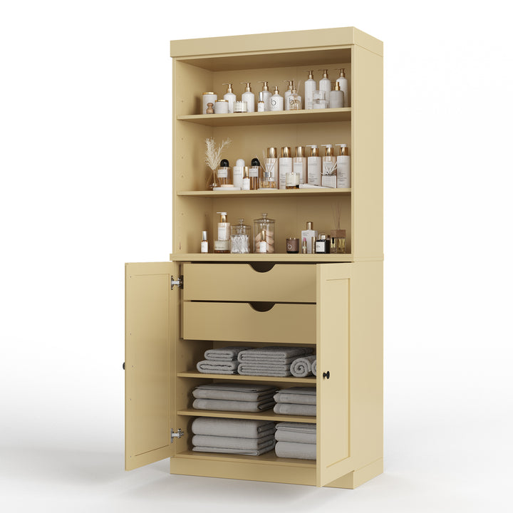 100% Solid Wood 32" Bathroom Cabinet with Shelves, Shaker Wood Doors, 2-Drawers