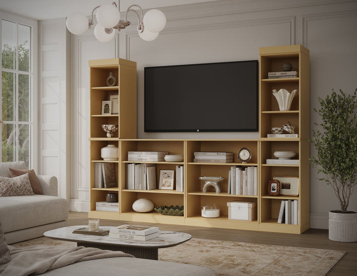 100% Solid Wood 6-Piece Entertainment Center Wall Unit with Storage, Open Cabinets, Adjustable Shelves, 97" W x 71.5" H