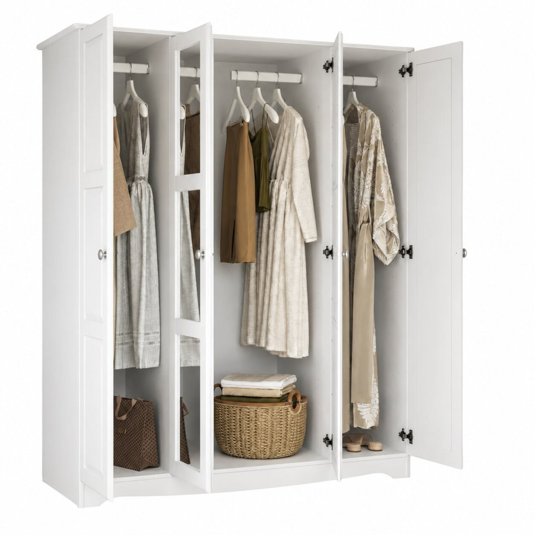 100% Solid Wood 4-Door Wardrobe Armoire with Mirrored Doors, Bedroom Closet Storage - Regal Collection with Metal Knobs